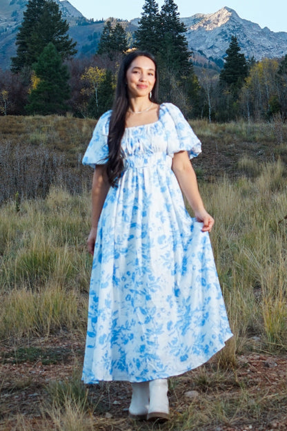 Blue Floral Puff Sleeve Maternity Midi Dress