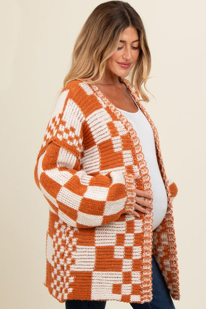Rust Mixed Check Pattern Chunky Maternity Cardigan