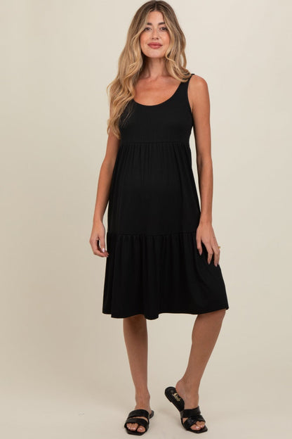 Black Tiered Sleeveless Maternity Midi Dress