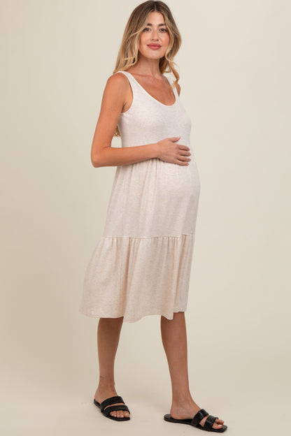 Beige Tiered Sleeveless Maternity Midi Dress