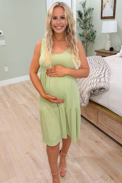 Light Olive Tiered Sleeveless Maternity Midi Dress