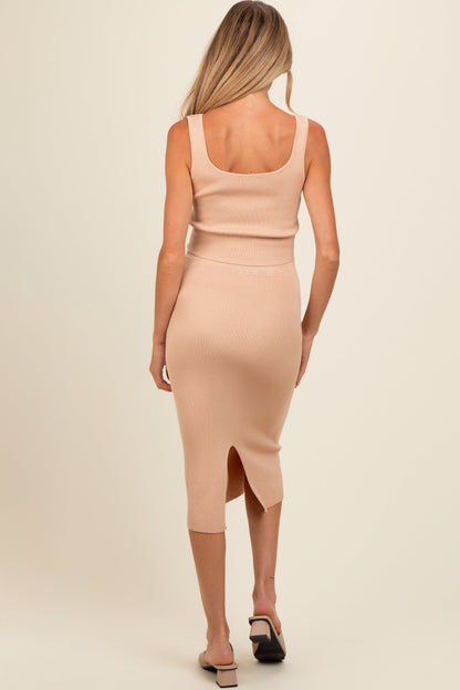 Taupe Ribbed Square Neck Sleeveless Crop Maternity Skirt Set
