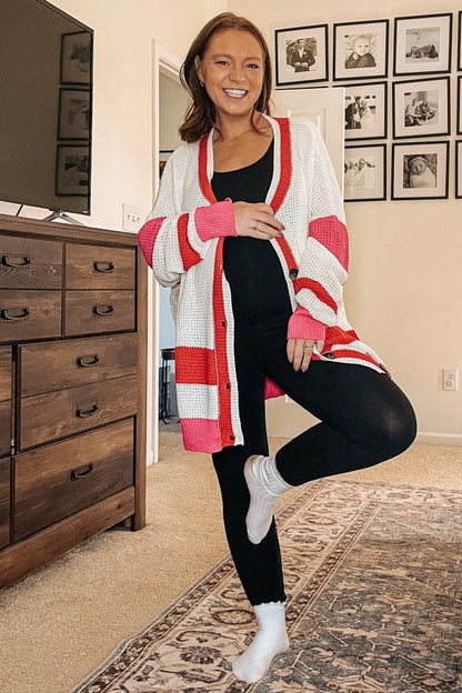 Red Colorblock Button Down Maternity Cardigan