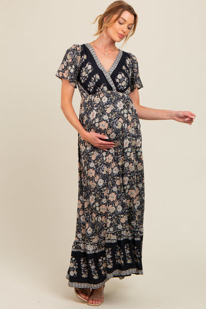 Black Floral Border Printed Woven Short Sleeve V-Neck Maternity Maxi Dress