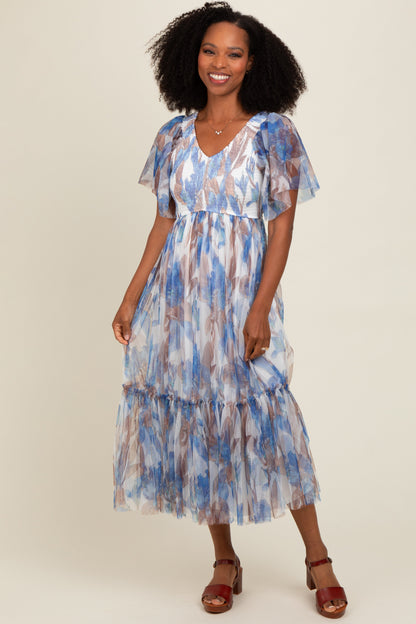 White Leaf Print Mesh Smocked Maternity Midi Dress