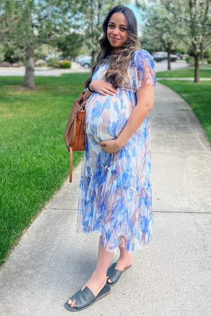 White Leaf Print Mesh Smocked Maternity Midi Dress