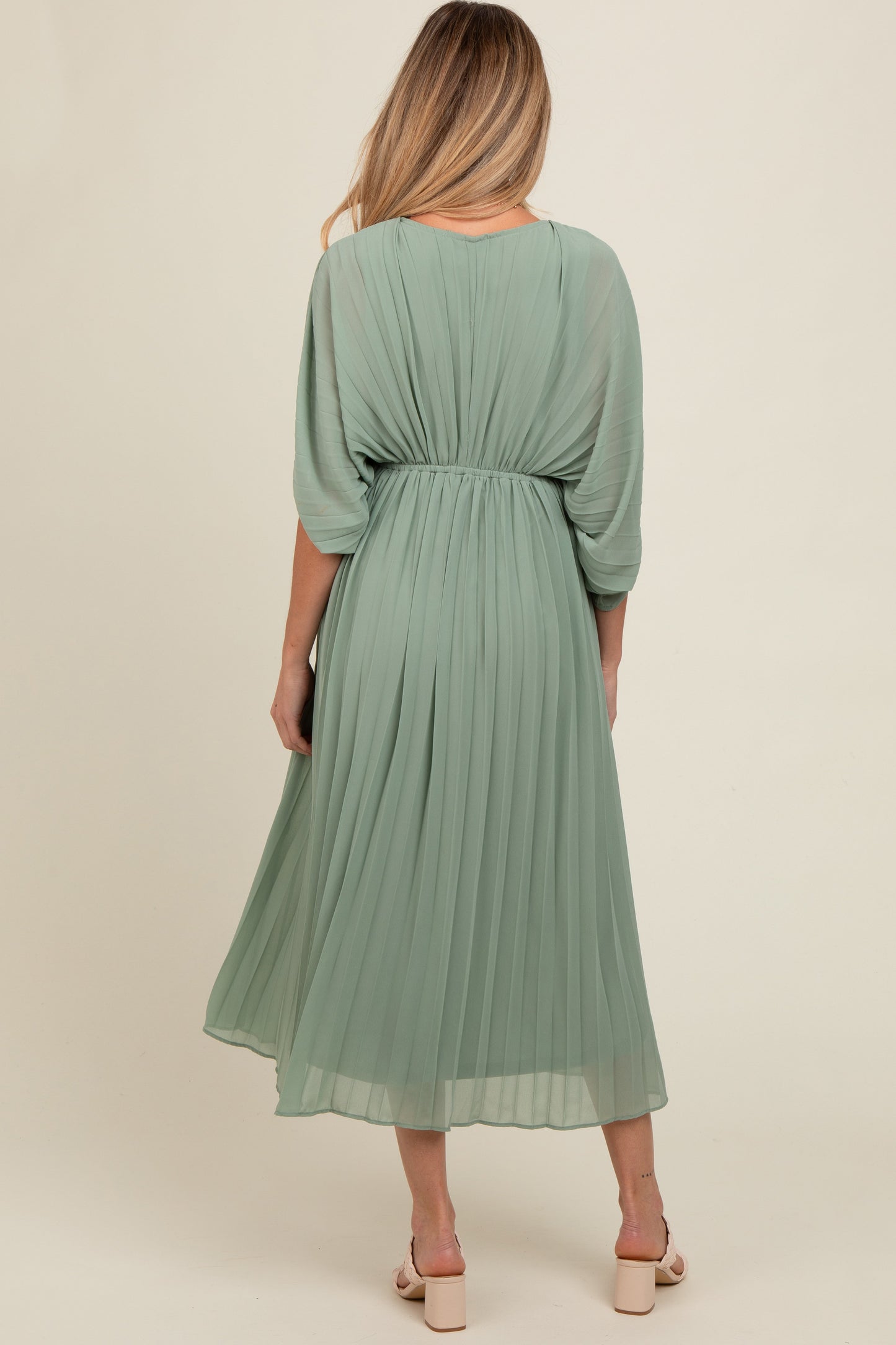 Light Olive Pleated V Neck Maternity Maxi Dress
