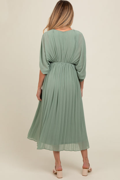 Light Olive Pleated V Neck Maternity Maxi Dress