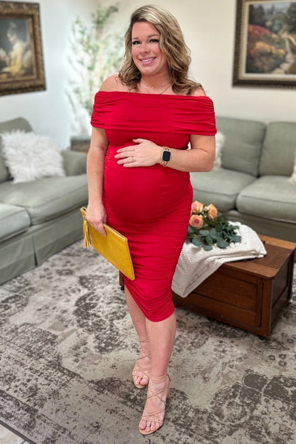 Red Off Shoulder Ruched Maternity Midi Dress