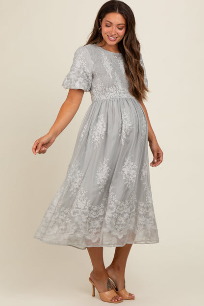 Grey Floral Lace Smocked Maternity Midi Dress