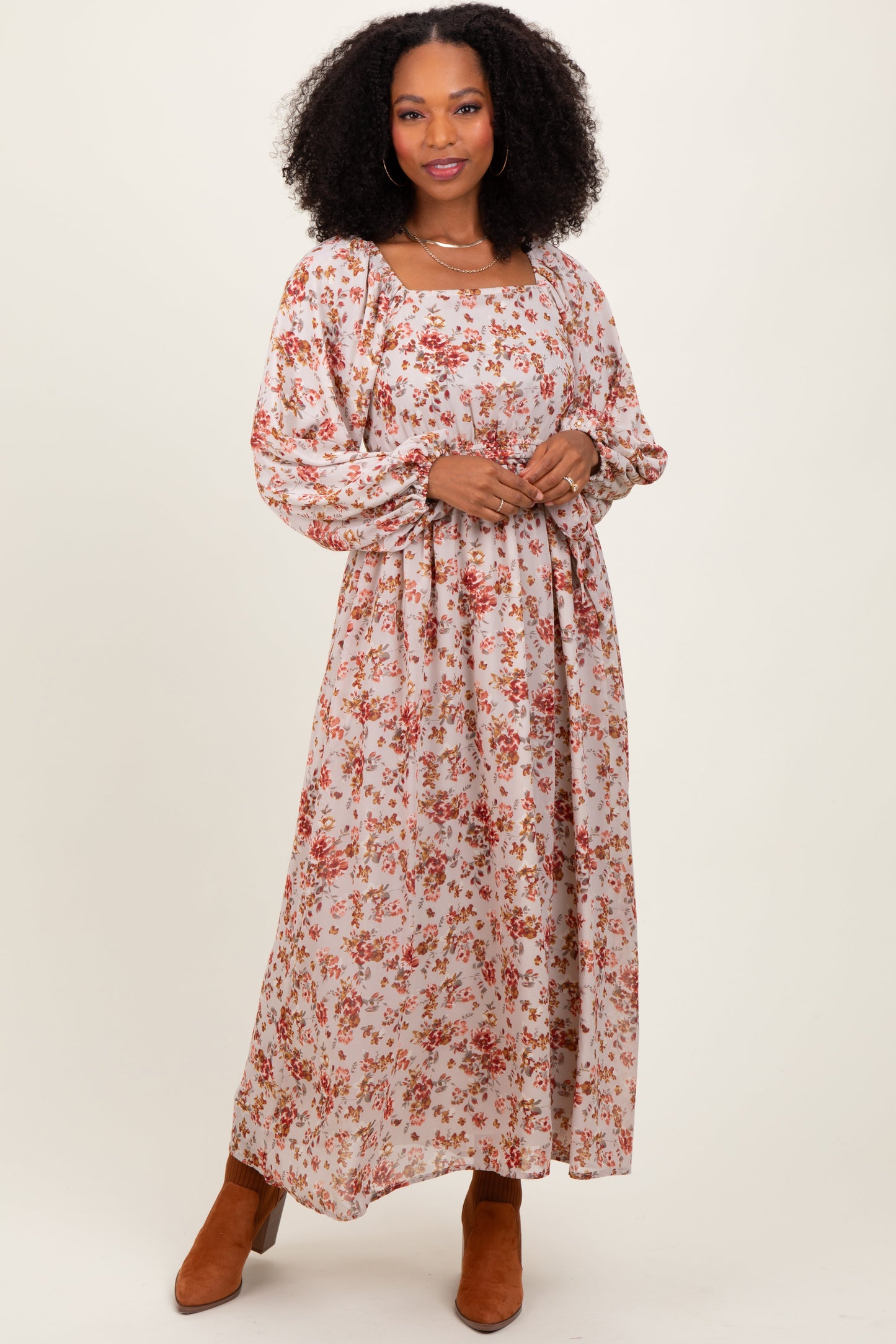 Cream Floral Square Neck Front Tie Maternity Midi Dress
