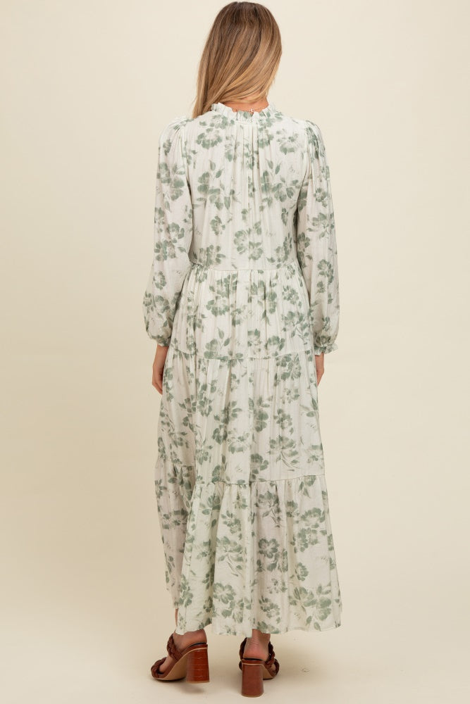 Olive Floral Button Front Tiered Long Sleeve Maternity Maxi Dress