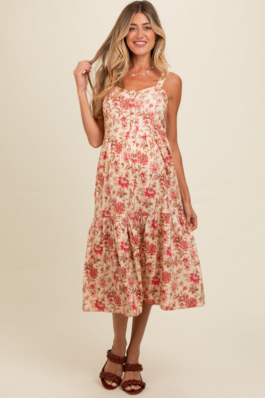 Cream Floral Sweetheart Neck Button Down Maternity Midi Dress