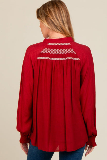 Rust Embroidered Smocked Maternity Blouse