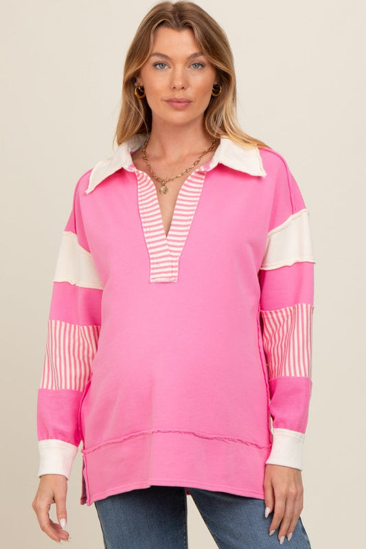 Pink Colorblock Stripe Maternity Polo Pullover Top