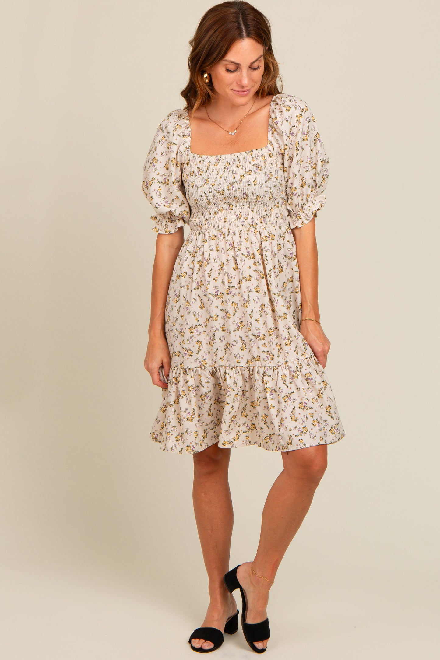 Cream Floral Smocked Puff Sleeve Maternity Dress