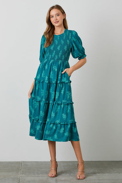 Teal Leaf Print Smocked Maternity Midi Dress