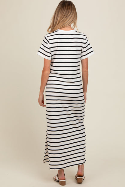 White Striped Side Slit Maternity Maxi Dress