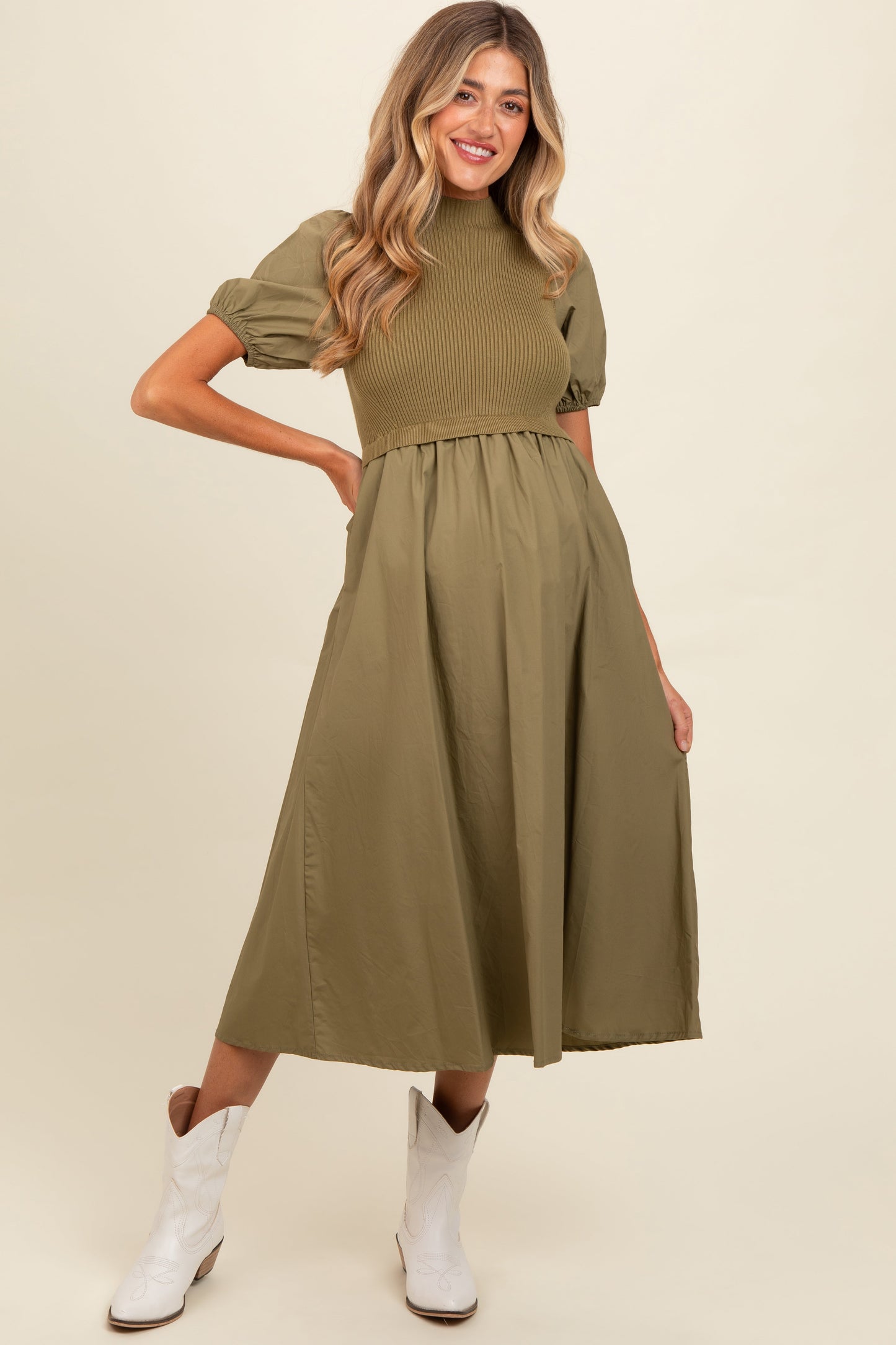 Olive Contrast Knit Bodice Maternity Midi Dress