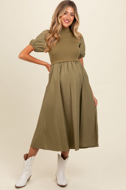 Olive Contrast Knit Bodice Maternity Midi Dress