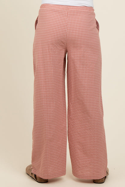 Pink Drawstring Checker Plaid Maternity Pants