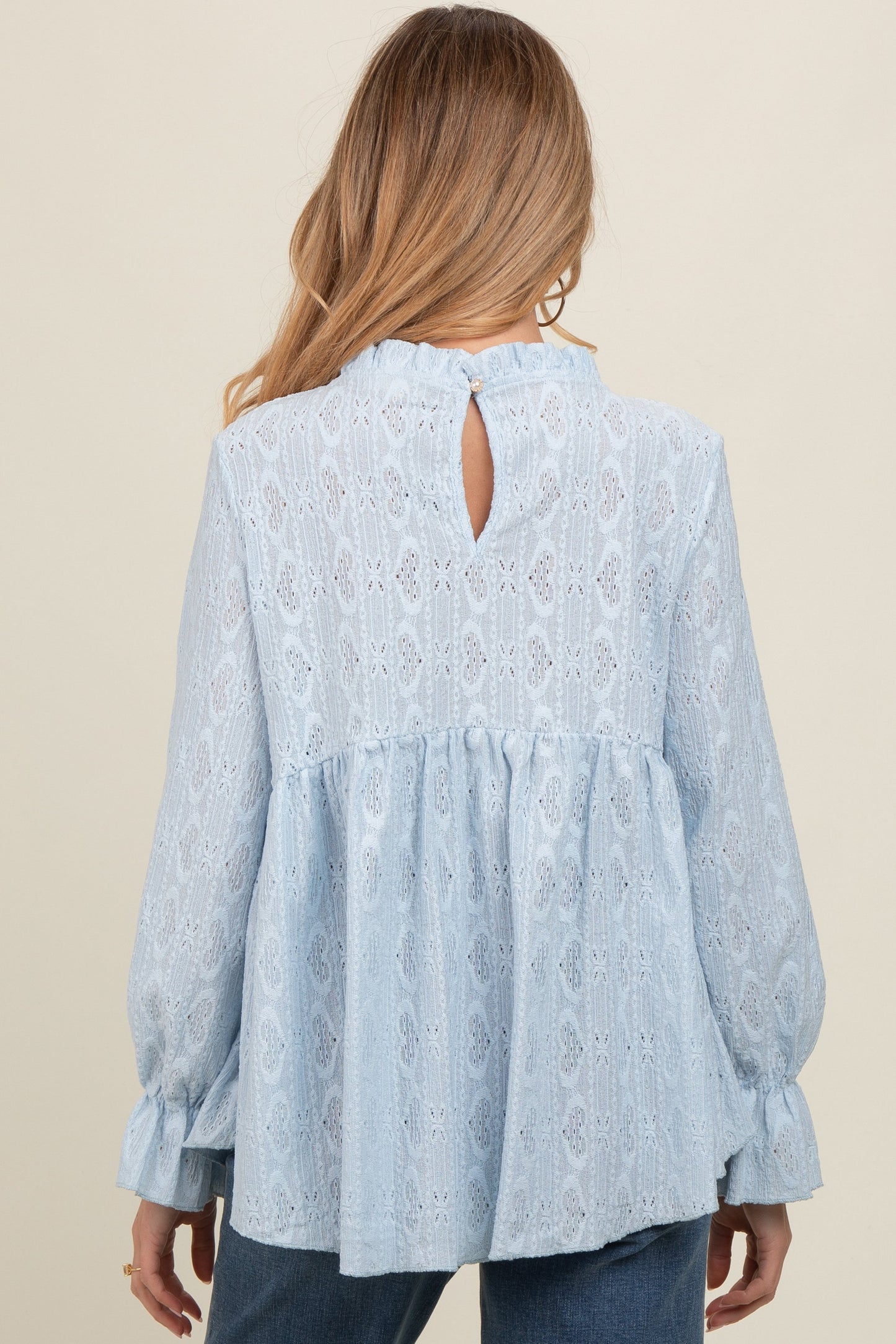 Light Blue Lace Ruffled Neck Maternity Top