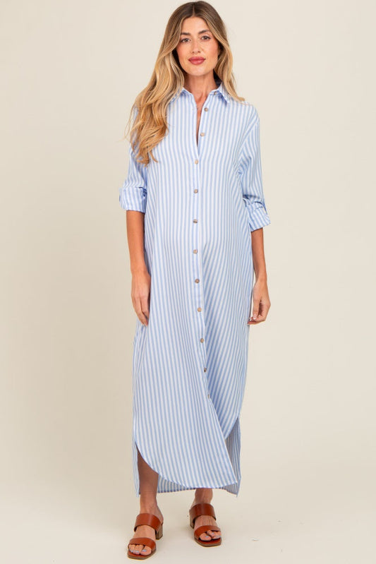 Light Blue Striped Button Down Maternity Maxi Dress