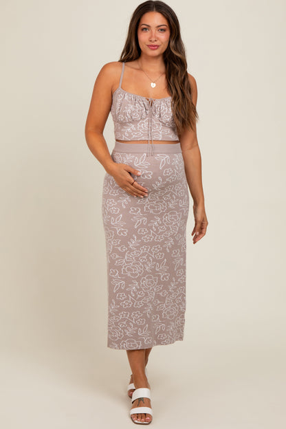 Light Taupe Floral Knit Crop Top and Midi Skirt Maternity Set