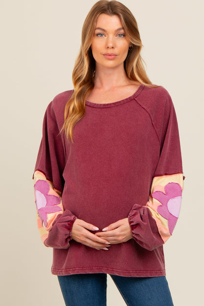 Burgundy Raw Edge Flower Patch Maternity Top