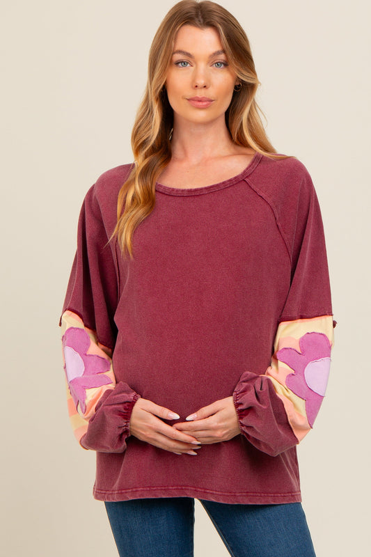 Burgundy Raw Edge Flower Patch Maternity Top
