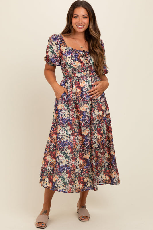 Black Floral Puff Sleeve Maternity Midi Dress