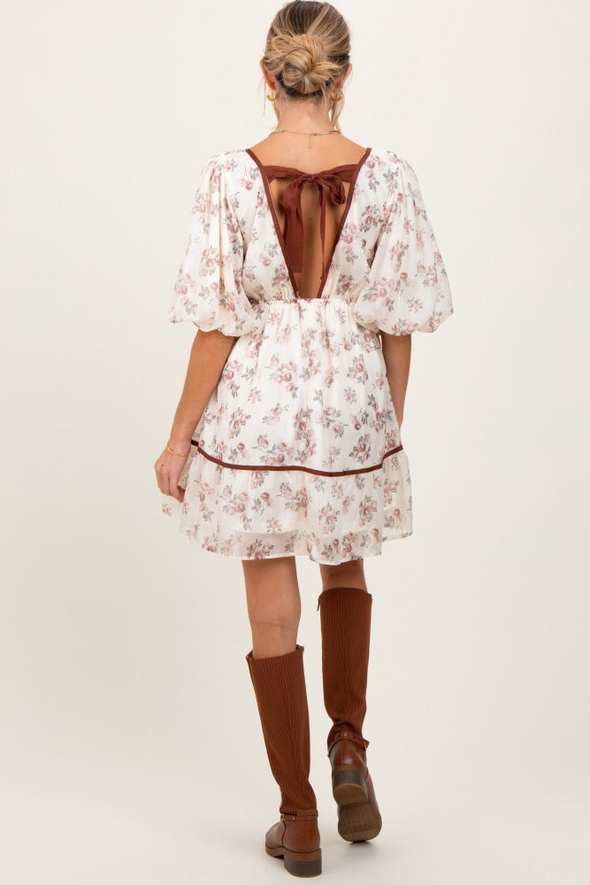 Cream Floral Deep V-Neck Back Cutout Maternity Dress
