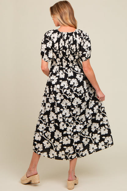 Black Floral Smocked Maternity Midi Dress
