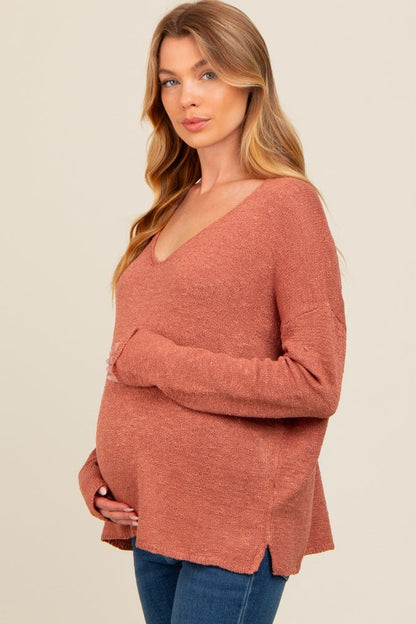 Rust V-Neck Basic Maternity Sweater