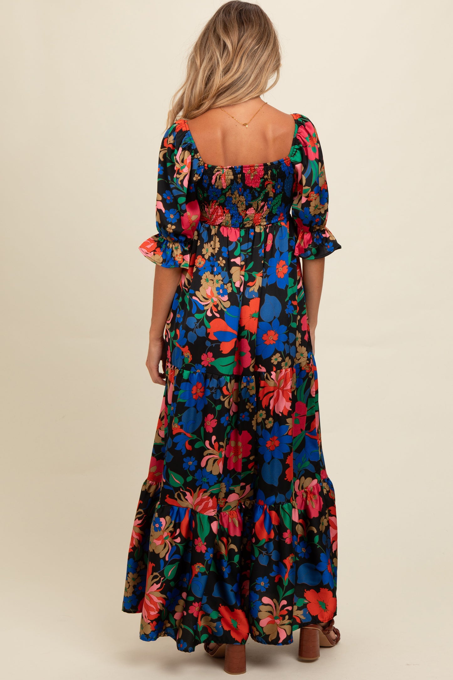 Black Floral Satin Smocked Tiered Maternity Maxi Dress