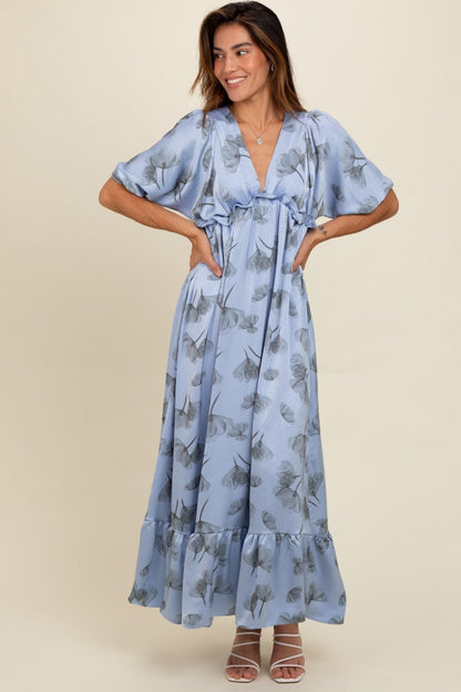 Blue Floral Chiffon Ruffle Accent Maternity Maxi Dress