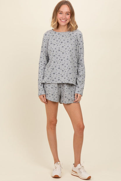 Heather Grey Floral Waffle Knit Maternity Shorts Set