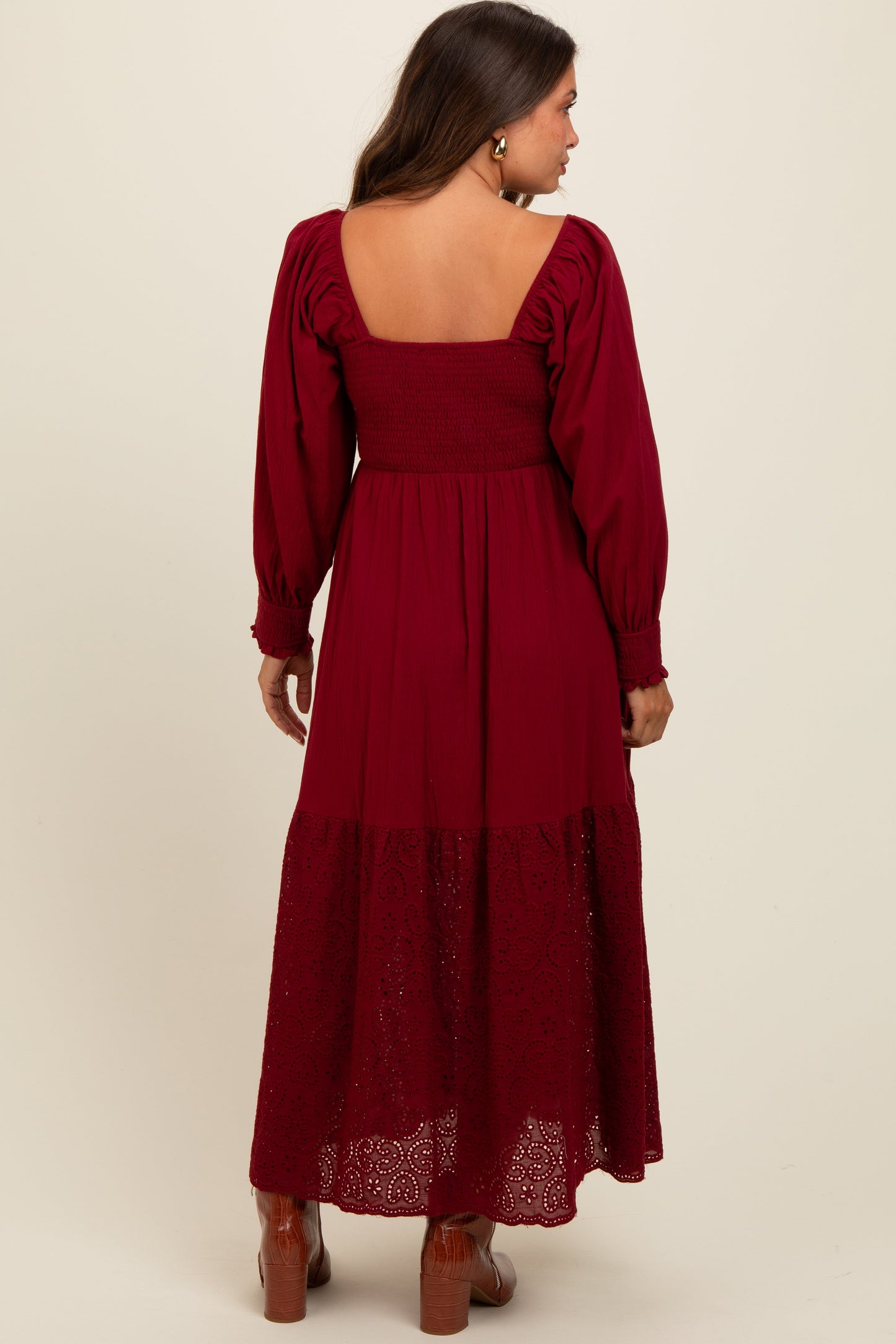 Burgundy Smocked Eyelet Lace Hem Maternity Maxi Dress