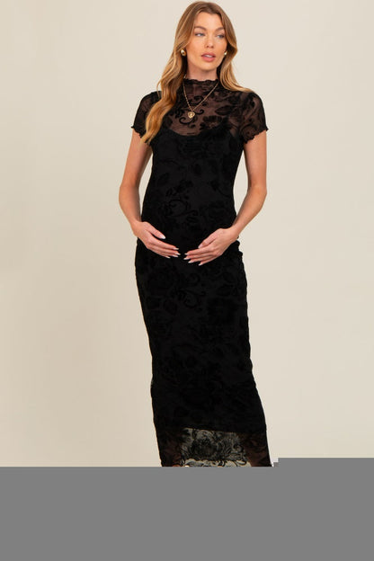 Black Floral Mesh Overlay Fitted Maternity Maxi Dress