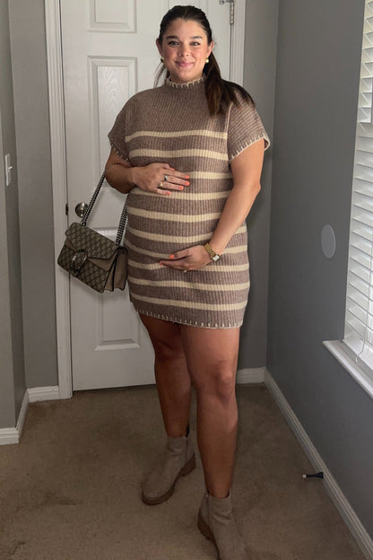 Mocha Striped Knit Contrast Stitch Maternity Mini Dress