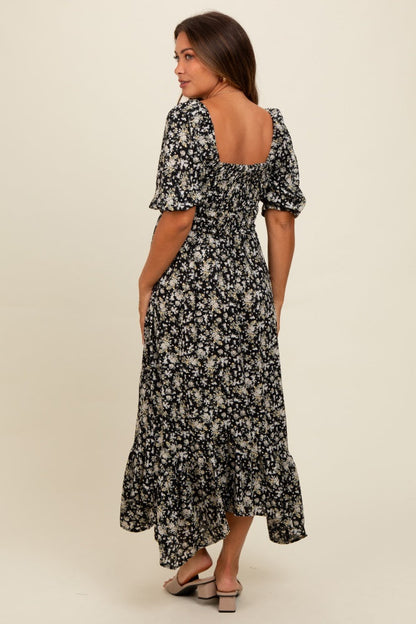 Black Smocked Handkerchief Hem Maternity Dress