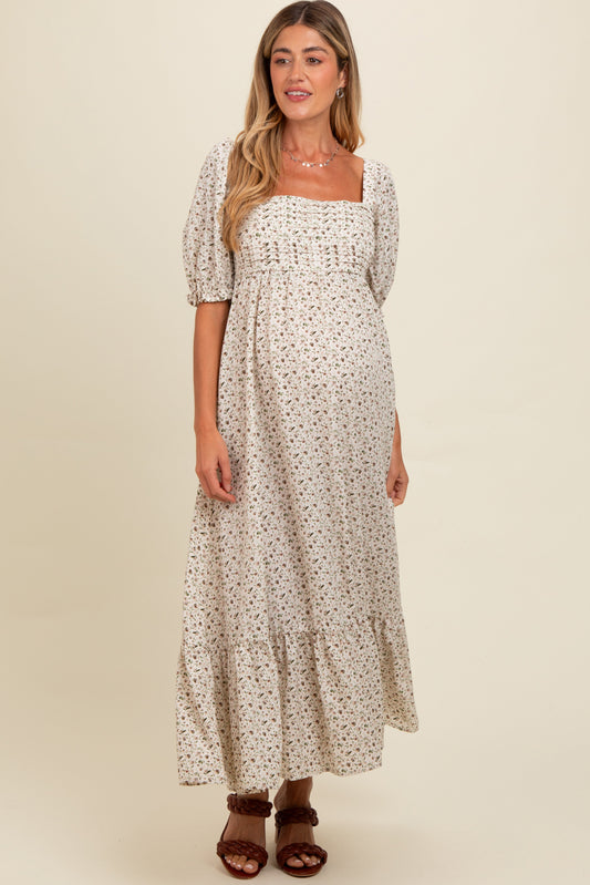 Ivory Floral Pleated Bodice Maternity Maxi Dress