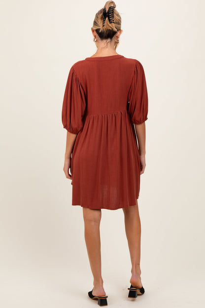 Rust Button Up Split Neck Maternity Dress