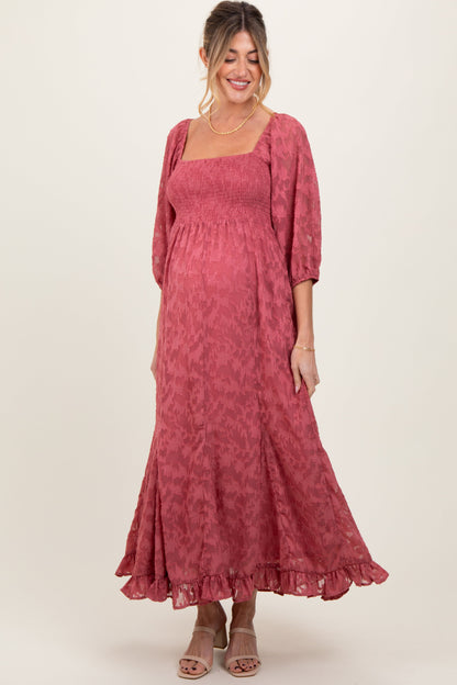 Mauve Textured Overlay Smocked Ruffled Hem Maternity Maxi Dress