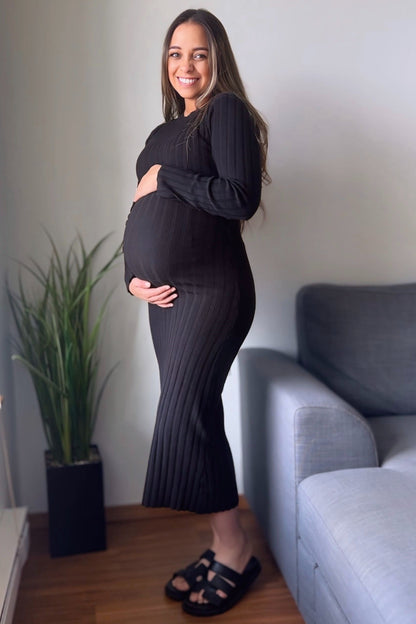 Black Ribbed Knit Fitted Maternity Midi Sweater Dress