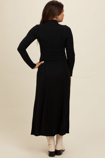 Black Ribbed Exposed Seam Mock Neck Maternity Dress