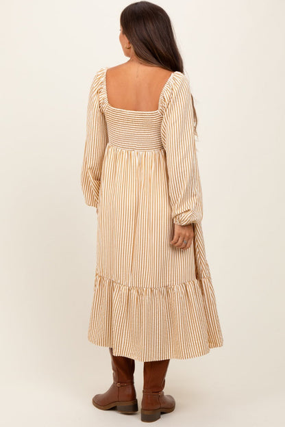 Yellow Striped Ruched Bodice Balloon Sleeved Maternity Midi Dress