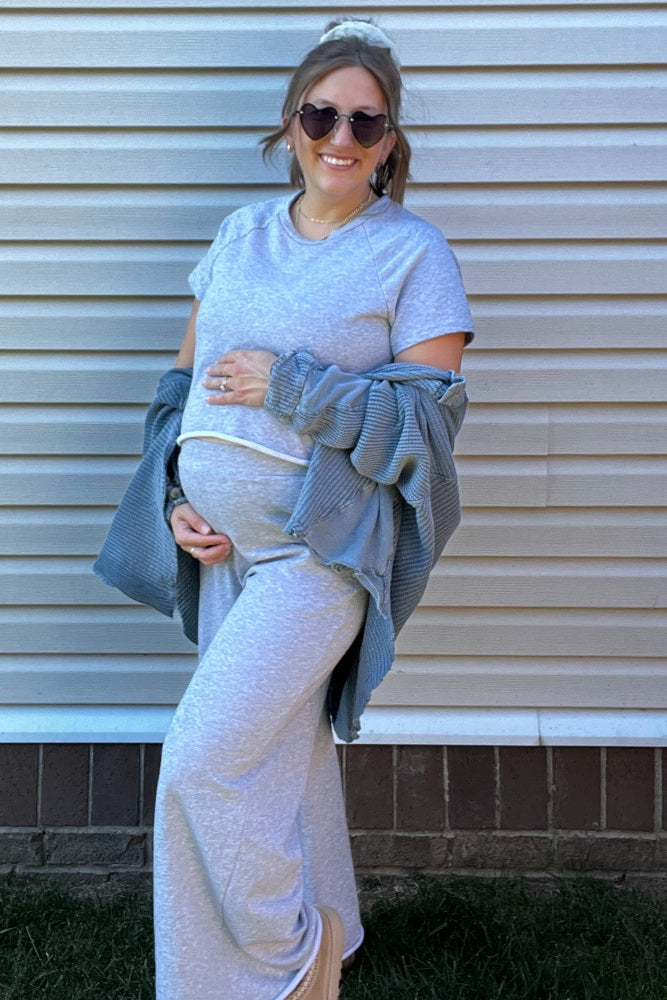 Heather Grey Basic Tee And Wide Leg Pant Maternity Set