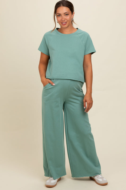 Light Olive Basic Tee And Wide Leg Pant Maternity Set