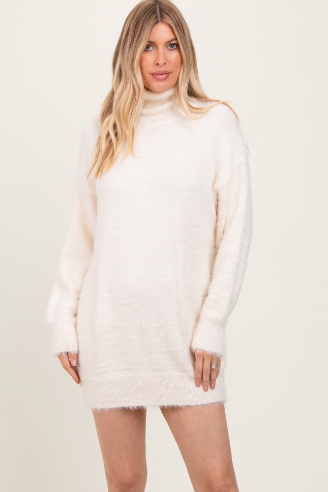 Cream Fuzzy Knit Turtleneck Maternity Sweater Mini Dress